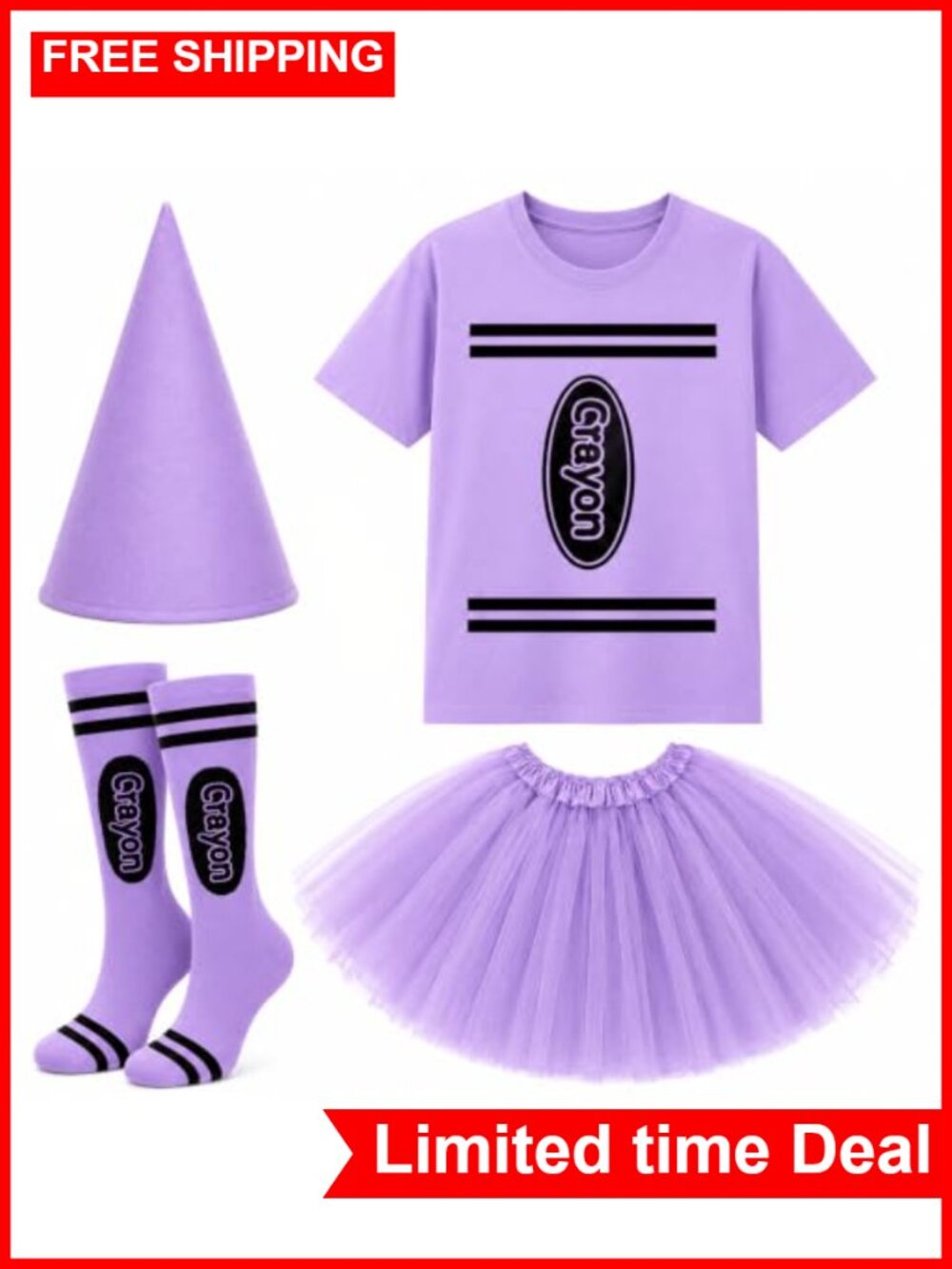 4 Pc Halloween Crayon Costume Set Women with Tutu T-Shirt Socks Hat